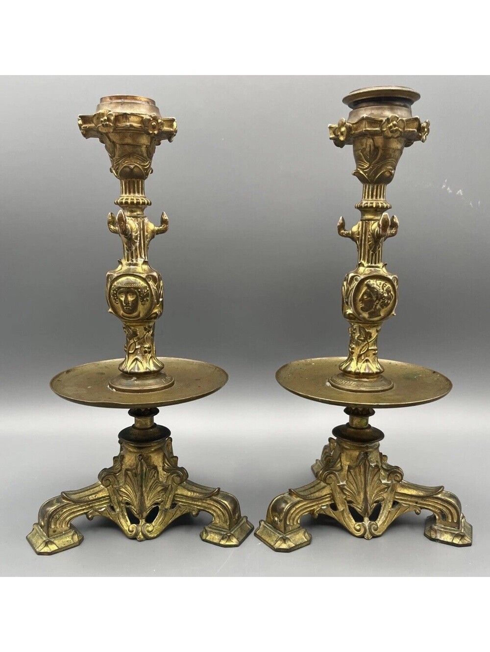Pair F Barbedienne French Bronze Candlesticks Napoleon III Cloven Hooves 9.25”